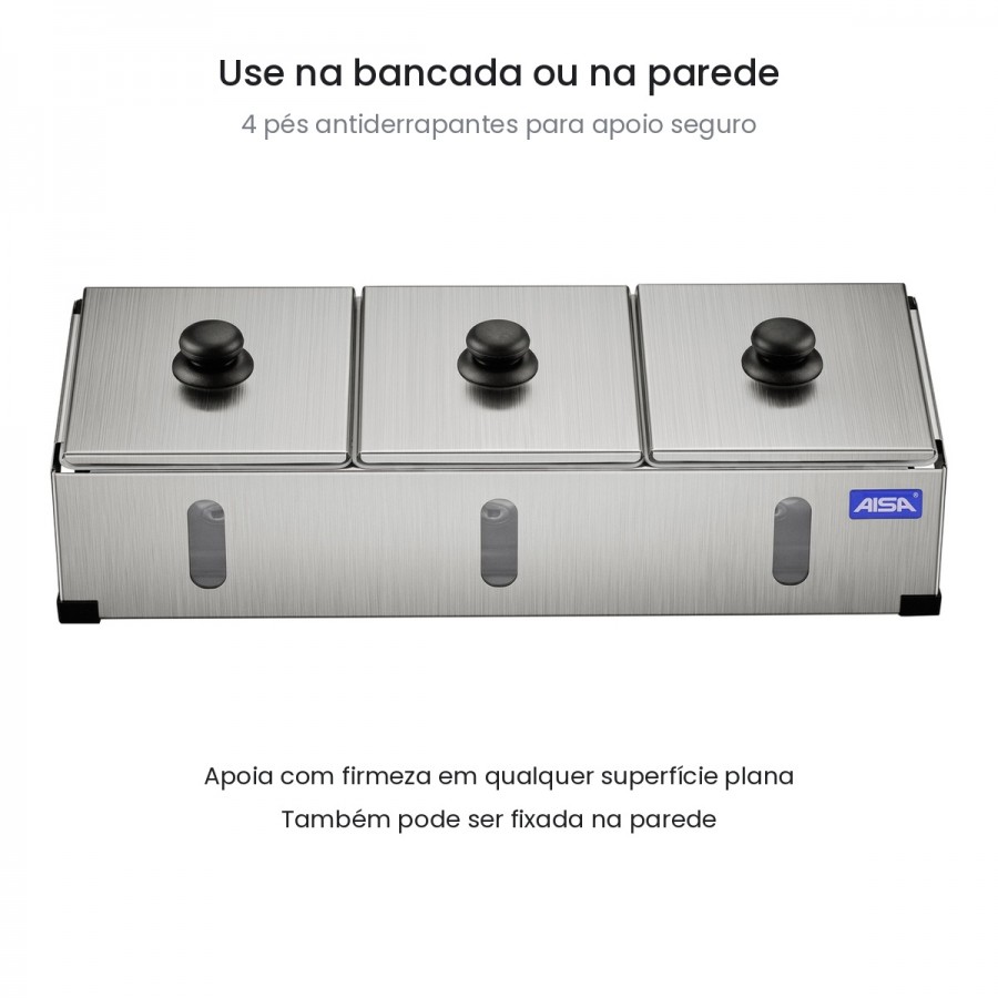 Condimentadora Pizzarola Inox 3 Cubas Acrílico Tampa Individual - Aisa